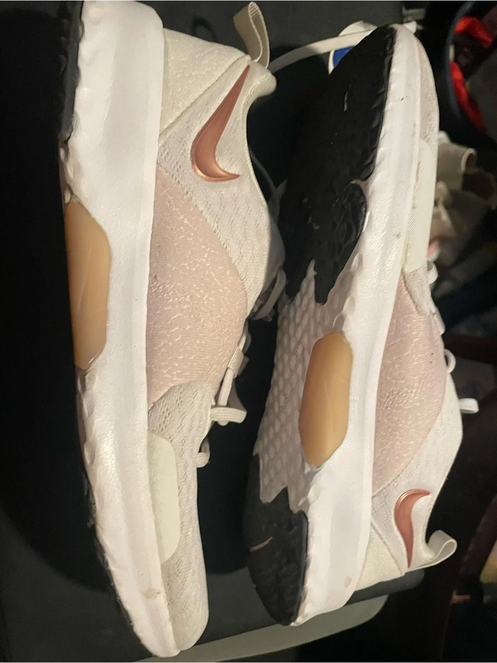 Nike Womens Light Pink White Sneakers with Rose Gold Swoosh